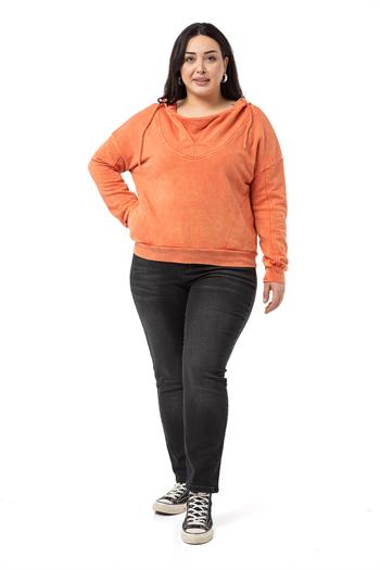 Büyük Beden Degaje Kapüşonlu Yaka Cepli Parça Boyalı Üç İplik Turuncu Sweatshirt