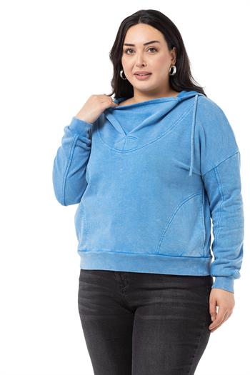 Büyük Beden Degaje Kapüşonlu Yaka Cepli Parça Boyalı Üç İplik Mavi Sweatshirt
