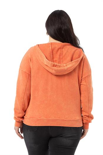 Büyük Beden Degaje Kapüşonlu Yaka Cepli Parça Boyalı Üç İplik Turuncu Sweatshirt