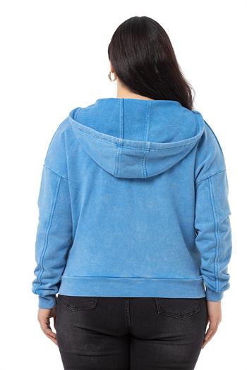 Büyük Beden Degaje Kapüşonlu Yaka Cepli Parça Boyalı Üç İplik Mavi Sweatshirt