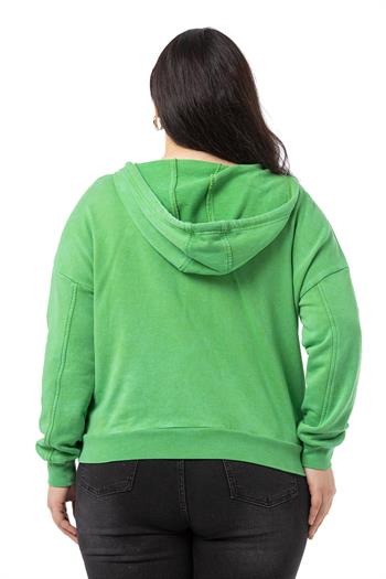 Büyük Beden Degaje Kapüşonlu Yaka Cepli Parça Boyalı Üç İplik Yeşil Sweatshirt