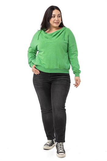 Büyük Beden Degaje Kapüşonlu Yaka Cepli Parça Boyalı Üç İplik Yeşil Sweatshirt