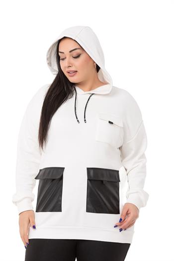 Büyük Beden Deri Cepli Kapüşonlu Beyaz Sweatshirt