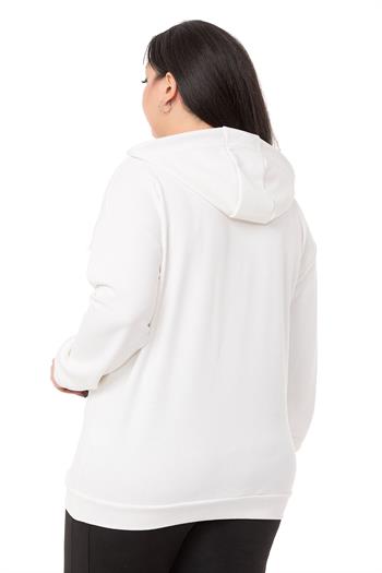Büyük Beden Deri Cepli Kapüşonlu Beyaz Sweatshirt