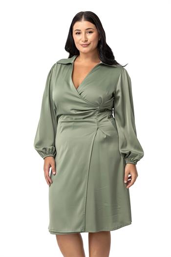 Büyük Beden Derin V Yaka Beli Yandan Drapeli Saten Mint Yeşili Elbise