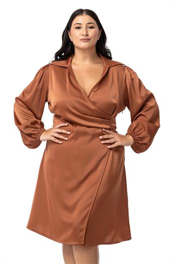 Büyük Beden Derin V Yaka Beli Yandan Drapeli Saten Tarçın Elbise