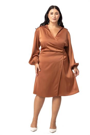Büyük Beden Derin V Yaka Beli Yandan Drapeli Saten Tarçın Elbise