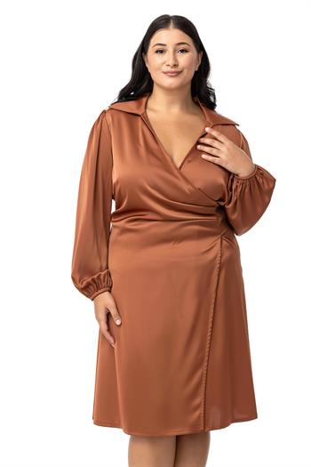 Büyük Beden Derin V Yaka Beli Yandan Drapeli Saten Tarçın Elbise