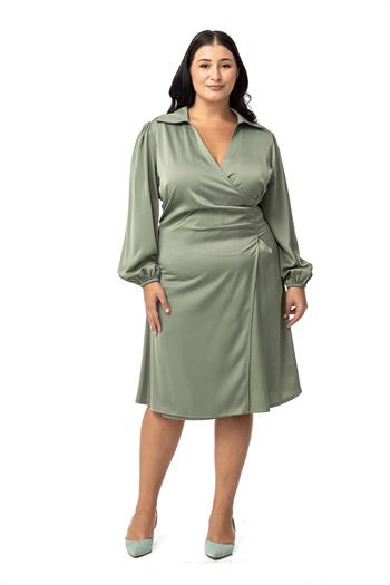 Büyük Beden Derin V Yaka Beli Yandan Drapeli Saten Mint Yeşili Elbise