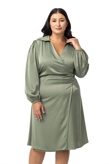Büyük Beden Derin V Yaka Beli Yandan Drapeli Saten Mint Yeşili Elbise