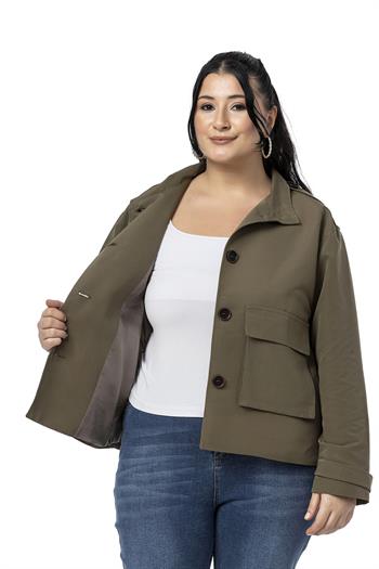 Büyük Beden Dik Yaka Kapaklı Torba Cepli Astarlı Kısa Haki Trençkot