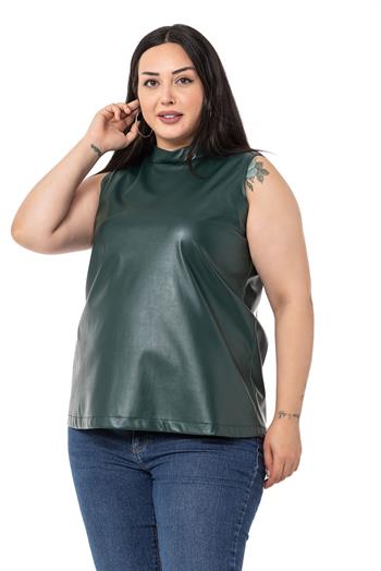 Büyük Beden Dik Yaka Kolsuz Deri Haki Bluz