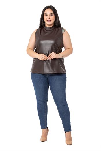 Büyük Beden Dik Yaka Kolsuz Deri Kahverengi Bluz