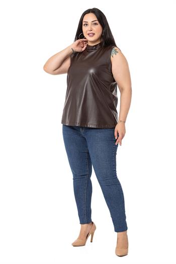 Büyük Beden Dik Yaka Kolsuz Deri Kahverengi Bluz