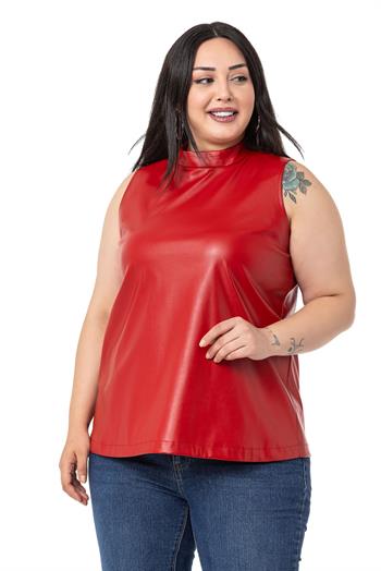 Büyük Beden Dik Yaka Kolsuz Deri Kırmızı Bluz