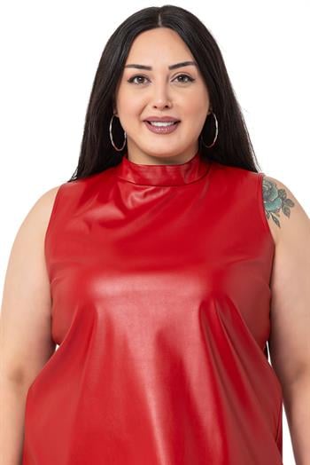 Büyük Beden Dik Yaka Kolsuz Deri Kırmızı Bluz
