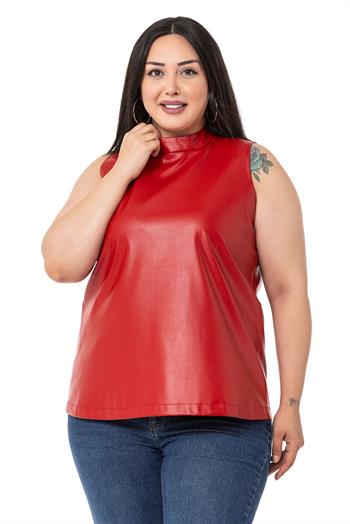 Büyük Beden Dik Yaka Kolsuz Deri Kırmızı Bluz