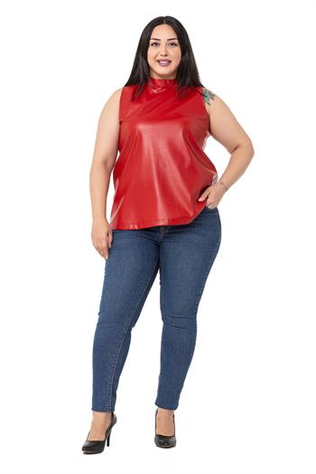 Büyük Beden Dik Yaka Kolsuz Deri Kırmızı Bluz