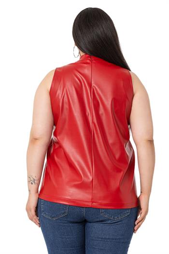 Büyük Beden Dik Yaka Kolsuz Deri Kırmızı Bluz