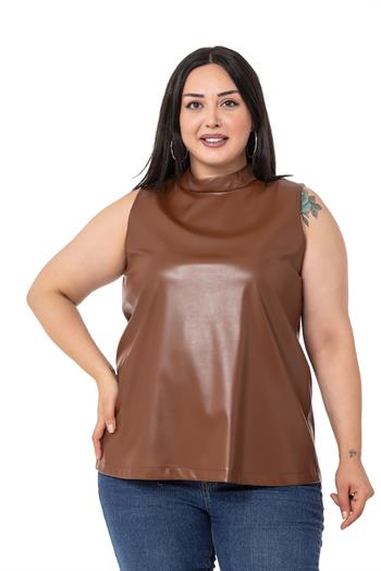 Büyük Beden Dik Yaka Kolsuz Deri Taba Bluz