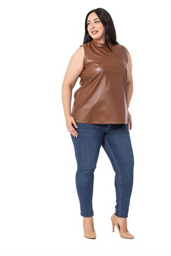 Büyük Beden Dik Yaka Kolsuz Deri Taba Bluz