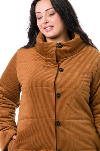 Büyük Beden Dik Yaka Yandan Cepli Astarlı Kadife Kahverengi Kaban