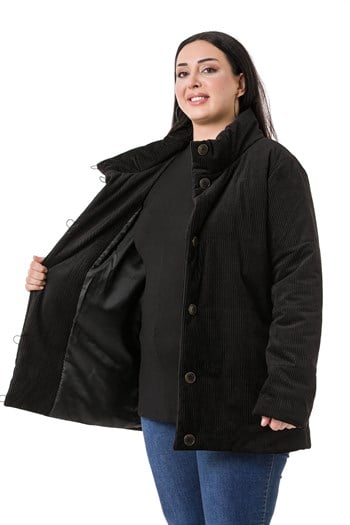 Büyük Beden Dik Yaka Yandan Cepli Astarlı Kadife Siyah Kaban