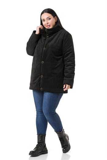 Büyük Beden Dik Yaka Yandan Cepli Astarlı Kadife Siyah Kaban