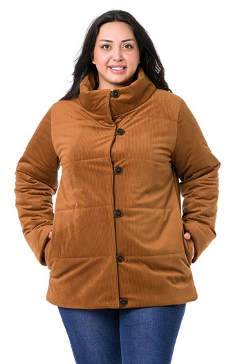 Büyük Beden Dik Yaka Yandan Cepli Astarlı Kadife Kahverengi Kaban