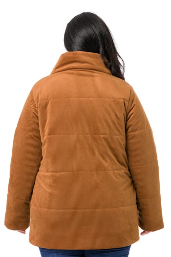 Büyük Beden Dik Yaka Yandan Cepli Astarlı Kadife Kahverengi Kaban