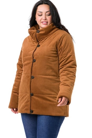 Büyük Beden Dik Yaka Yandan Cepli Astarlı Kadife Kahverengi Kaban