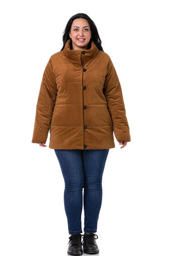 Büyük Beden Dik Yaka Yandan Cepli Astarlı Kadife Kahverengi Kaban
