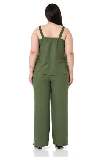 Büyük Beden Düğme Detaylı Bluz Pantolon Aerobin Haki Takım