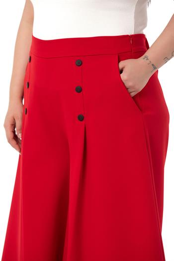 Plus Size Button Detailed Wide Leg Zippered Red Trousers