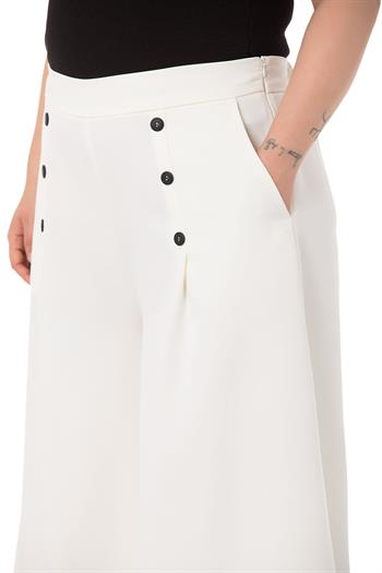 Plus Size Button Detailed Wide Leg Zippered White Trousers