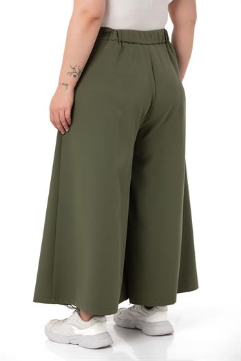 Plus Size Button Detailed Wide Leg Zippered Khaki Trousers