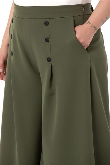 Plus Size Button Detailed Wide Leg Zippered Khaki Trousers