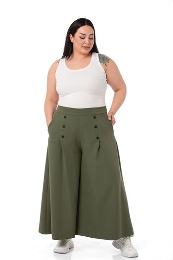 Plus Size Button Detailed Wide Leg Zippered Khaki Trousers