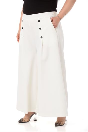 Plus Size Button Detailed Wide Leg Zippered White Trousers