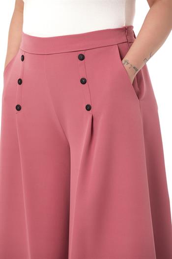 Plus Size Button Detailed Wide Leg Zippered Rose Trousers