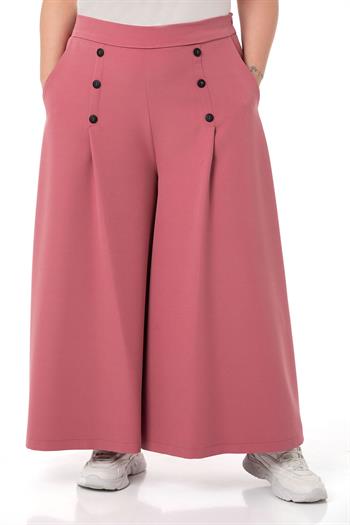 Plus Size Button Detailed Wide Leg Zippered Rose Trousers