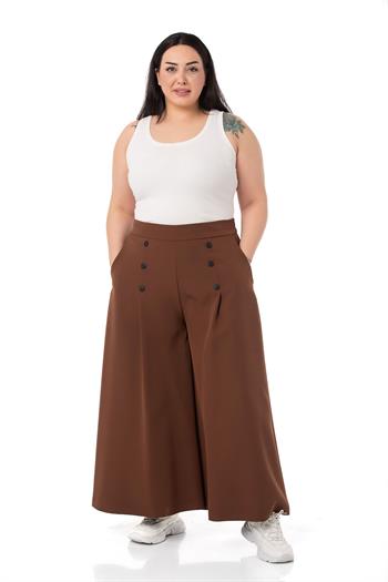 Plus Size Button Detailed Wide Leg Zippered Brown Trousers