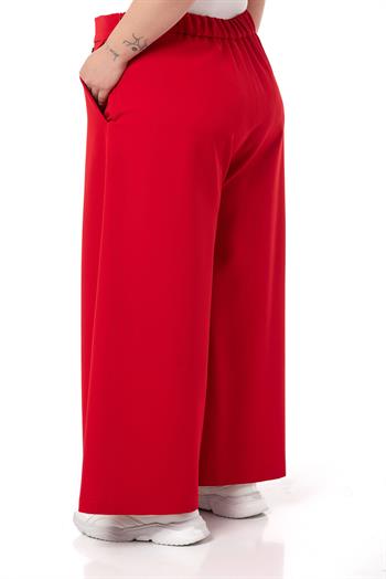 Plus Size Button Detailed Wide Leg Zippered Red Trousers