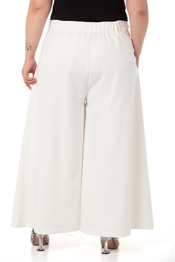 Plus Size Button Detailed Wide Leg Zippered White Trousers