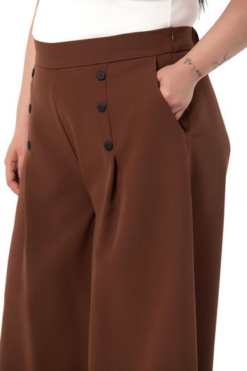 Plus Size Button Detailed Wide Leg Zippered Brown Trousers