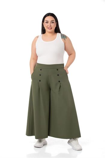Plus Size Button Detailed Wide Leg Zippered Khaki Trousers