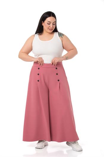 Plus Size Button Detailed Wide Leg Zippered Rose Trousers