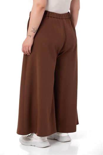 Plus Size Button Detailed Wide Leg Zippered Brown Trousers