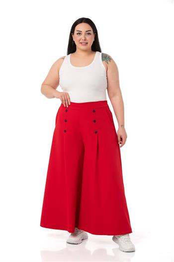 Plus Size Button Detailed Wide Leg Zippered Red Trousers