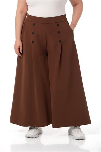 Plus Size Button Detailed Wide Leg Zippered Brown Trousers